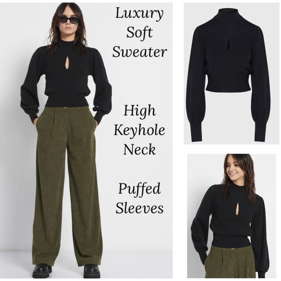 Exlura Sweaters - Soft High Crew Neck Keyhole Puff Sleeve Sweater Mock Black Exlura Size Medium